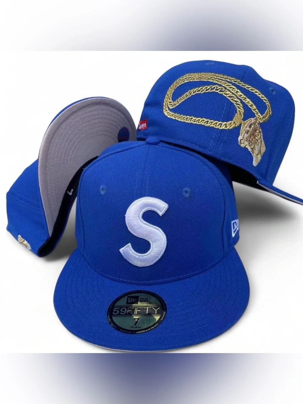 Supreme Royal Blue Cap with White 'S' and Gold Chain Embroidery